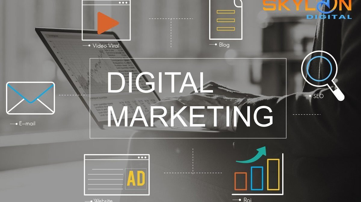 Digital marketing strategy illustration showing SEO, PPC, social media, and content marketing.