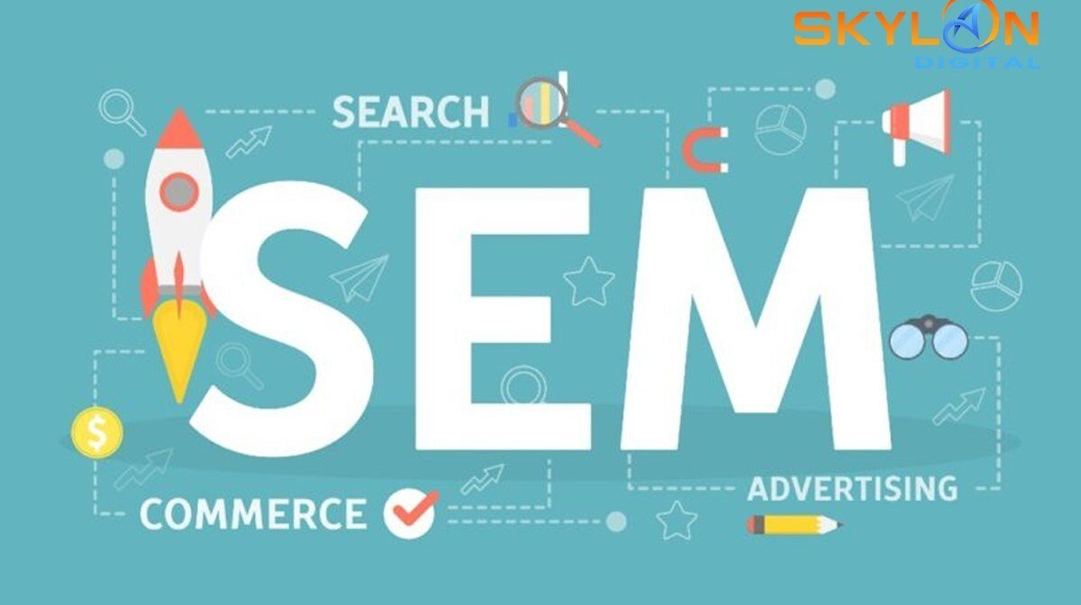 Search Engine Marketing illustration showing PPC ads, SEO, and keyword targeting for online visibility.